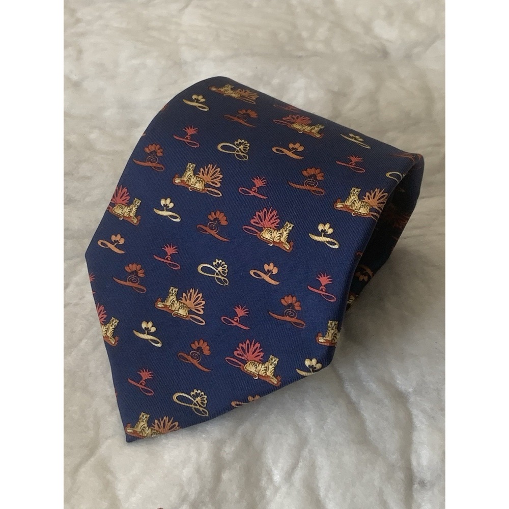 Salvatore Ferragamo Neck Tie Navy Animal Leopard 100%Silk Made in Italy